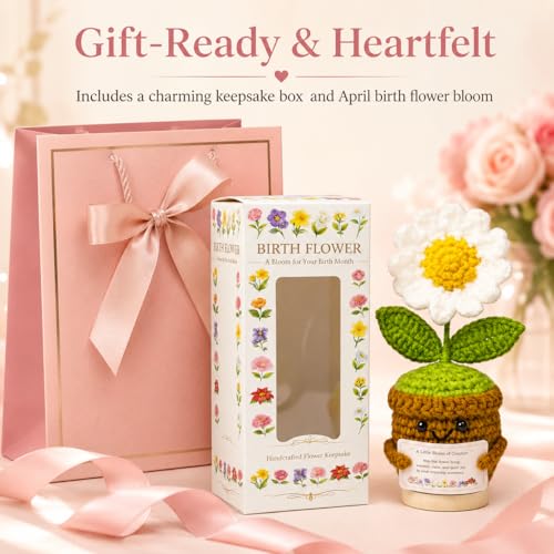 Xulvrax April Birth Flower Daisy Crochet Potted Plant Gift with Wooden Base, Cheerful Desk Decor for Mom