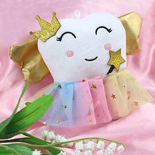 Xunboo Tooth Fairy Pillow with Golden Wings and Tooth Pocket - Soft Plush Keepsake for Girls and Boys