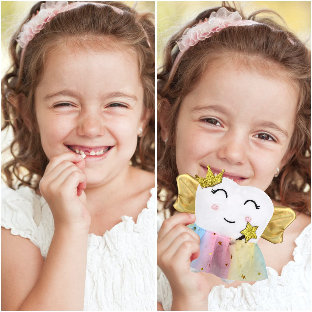 Xunboo Tooth Fairy Pillow with Golden Wings and Tooth Pocket - Soft Plush Keepsake for Girls and Boys