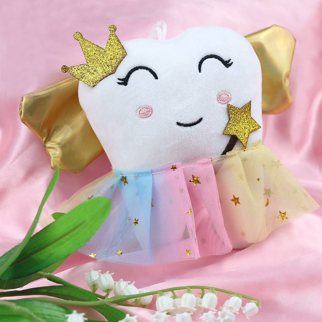 Xunboo Tooth Fairy Pillow with Golden Wings and Tooth Pocket - Soft Plush Keepsake for Girls and Boys