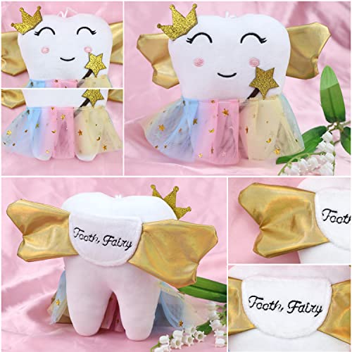 Xunboo Tooth Fairy Pillow with Golden Wings and Tooth Pocket - Soft Plush Keepsake for Girls and Boys