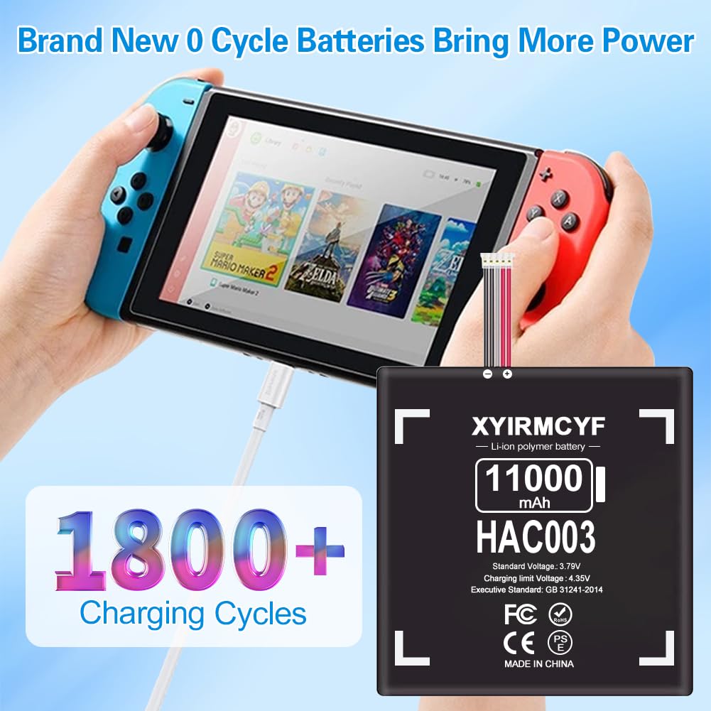 XYIRMCYF 11000mAh HAC-003 Battery Replacement for Nintendo Switch HAC-001 (2017) – New Upgrade, Long Cycle Life, with Repair Kits