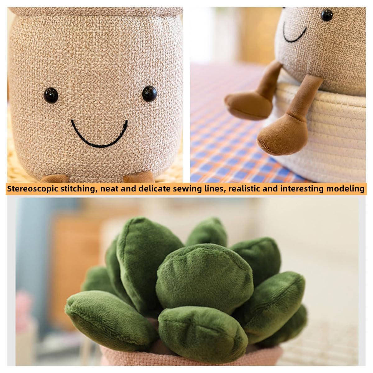 XZJMY Succulents Plush Pillow Decoration - Cute Linen Pot Plant Toy for Kids and Girls (Khaki)