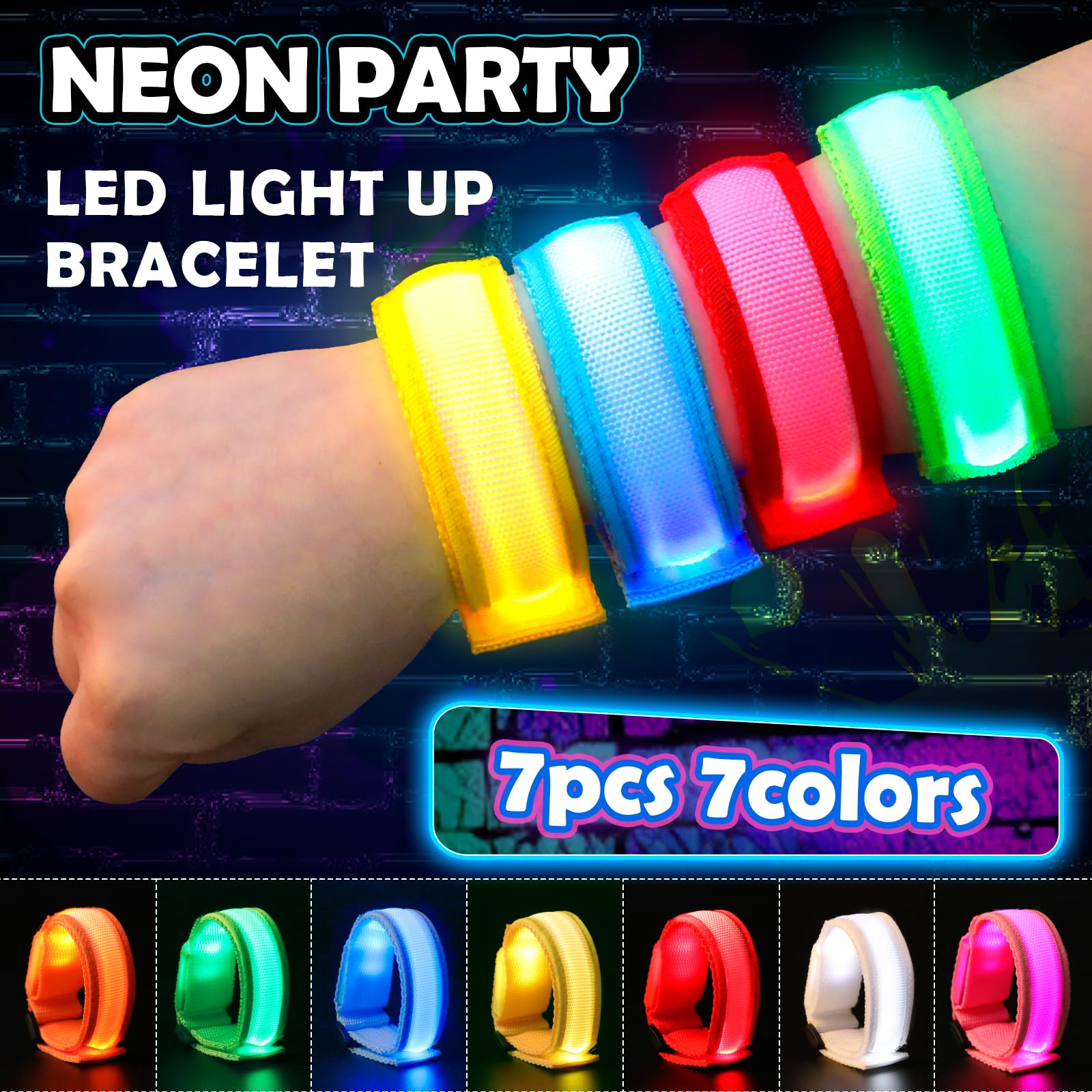 YADIYA 7 Color LED Glow Bracelets – Adjustable Nylon Light Up Party Favors for Kids and Adults