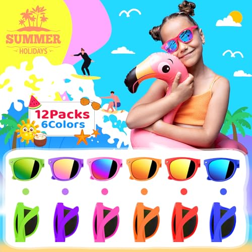 YADIYA Kids Sunglasses Bulk 12 Pack: Neon Retro Horn Rimmed UV 400 Protection