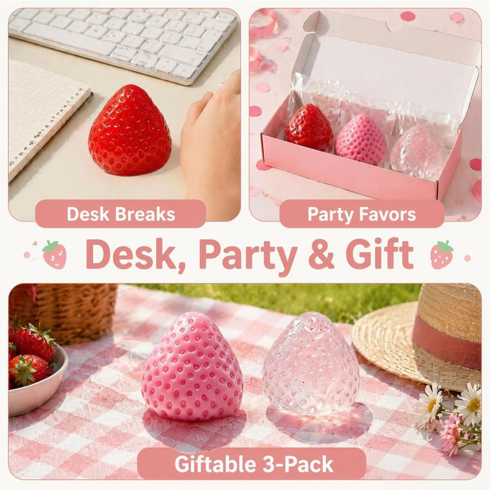 Yajouwin Strawberry Squishy Toys – 3-Pack Scented Kawaii Fidgets for Stress Relief