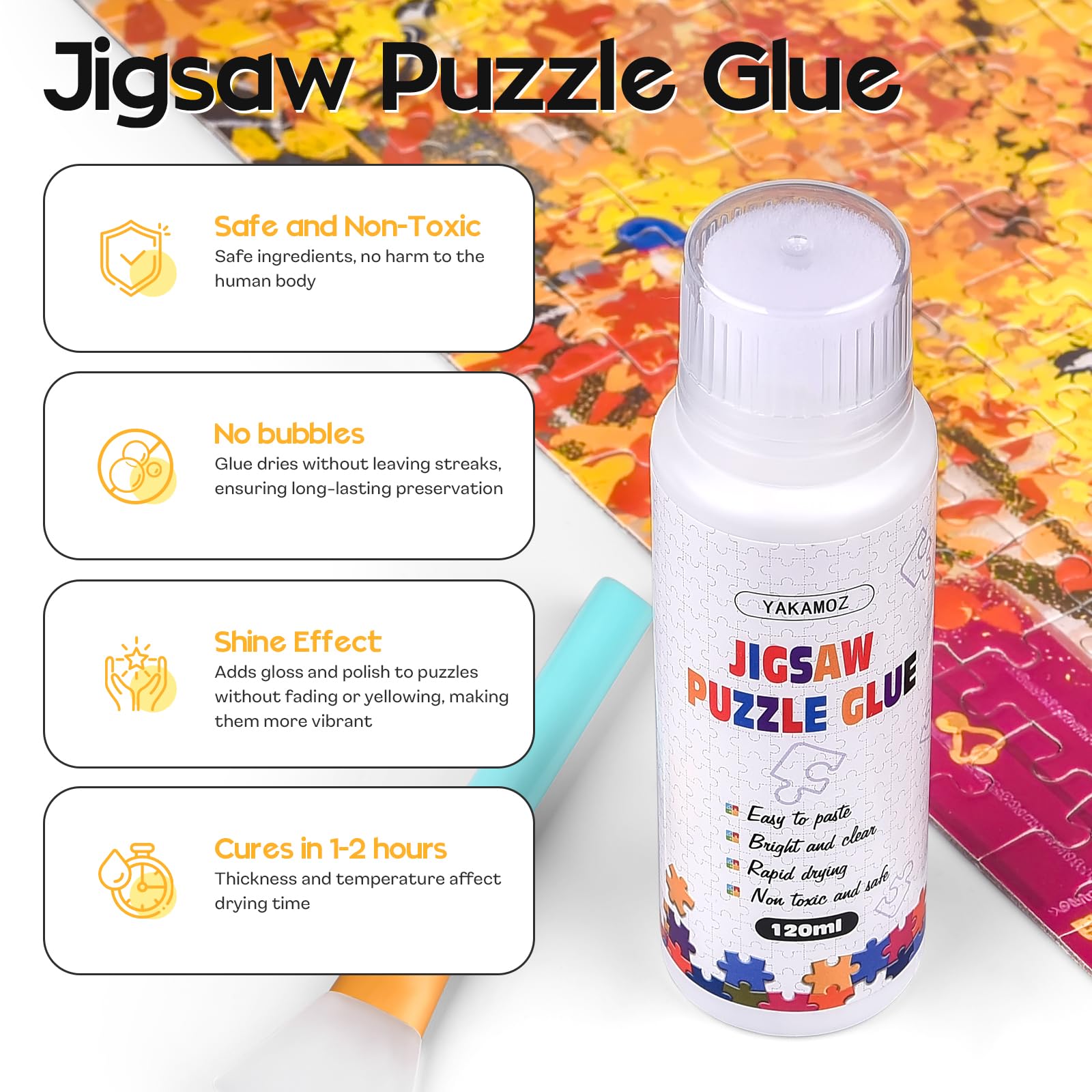 YAKAMOZ Jigsaw Puzzle Glue 120ml – Clear Water-Based Fast-Drying Adhesive with Sponge Applicator for 1000/1500/3000 Piece Puzzles