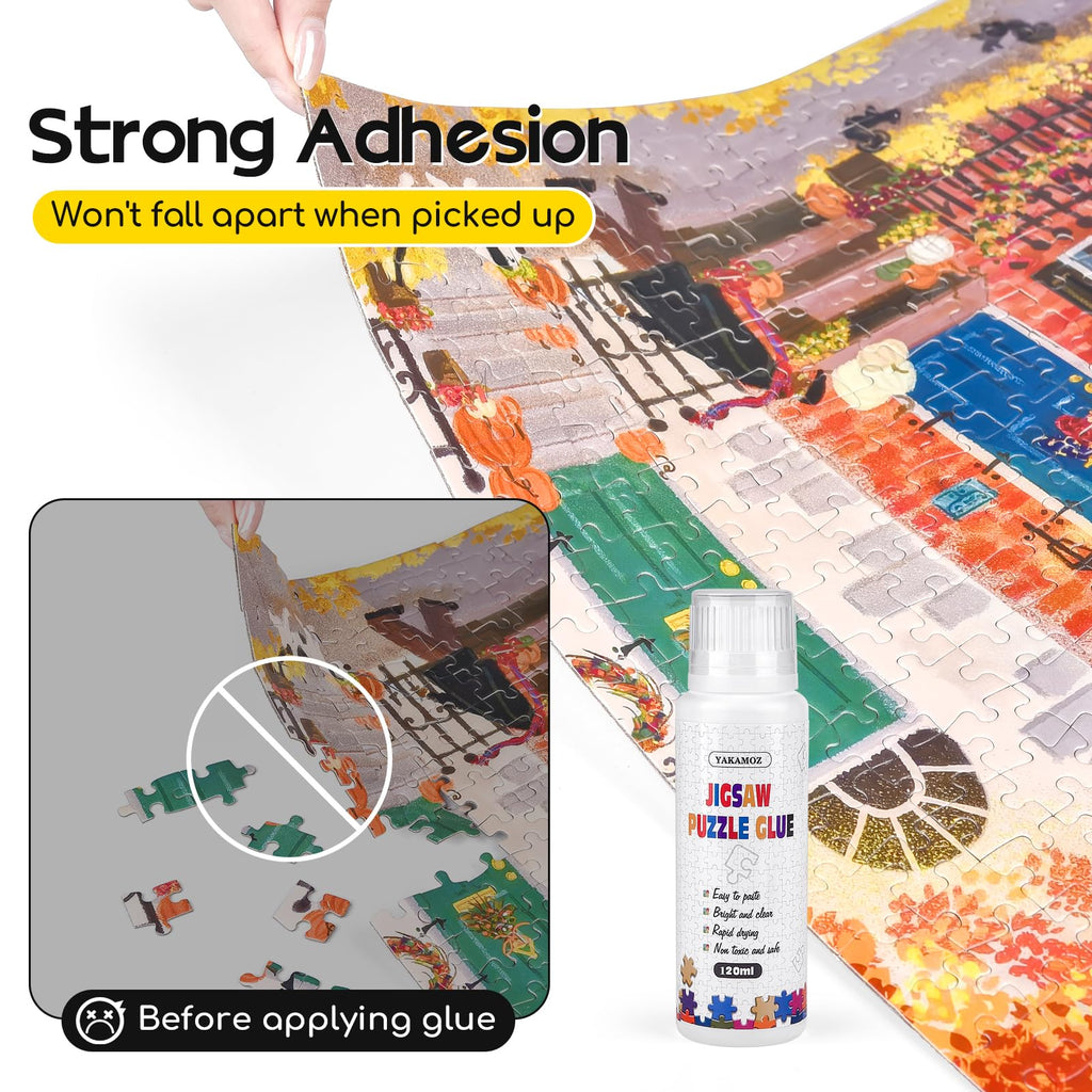 YAKAMOZ Jigsaw Puzzle Glue 120ml – Clear Water-Based Fast-Drying Adhesive with Sponge Applicator for 1000/1500/3000 Piece Puzzles