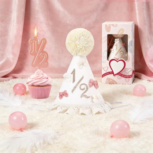 Yalucky Half Birthday Hat Set for Baby Girls – 6 Month Milestone Party Hat with Cake Topper, Felt, 5.5 Inch