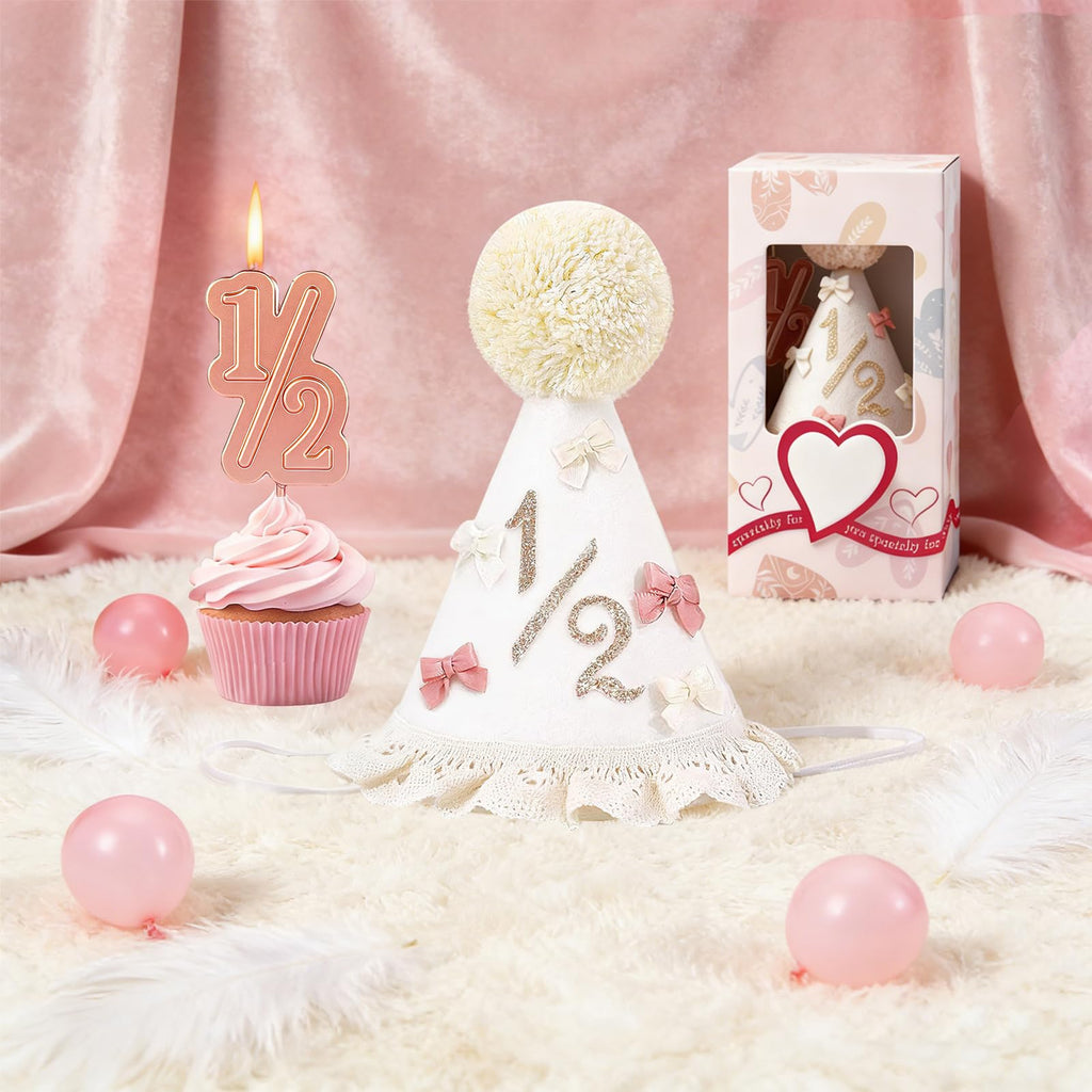 Yalucky Half Birthday Hat Set for Baby Girls – 6 Month Milestone Party Hat with Cake Topper, Felt, 5.5 Inch