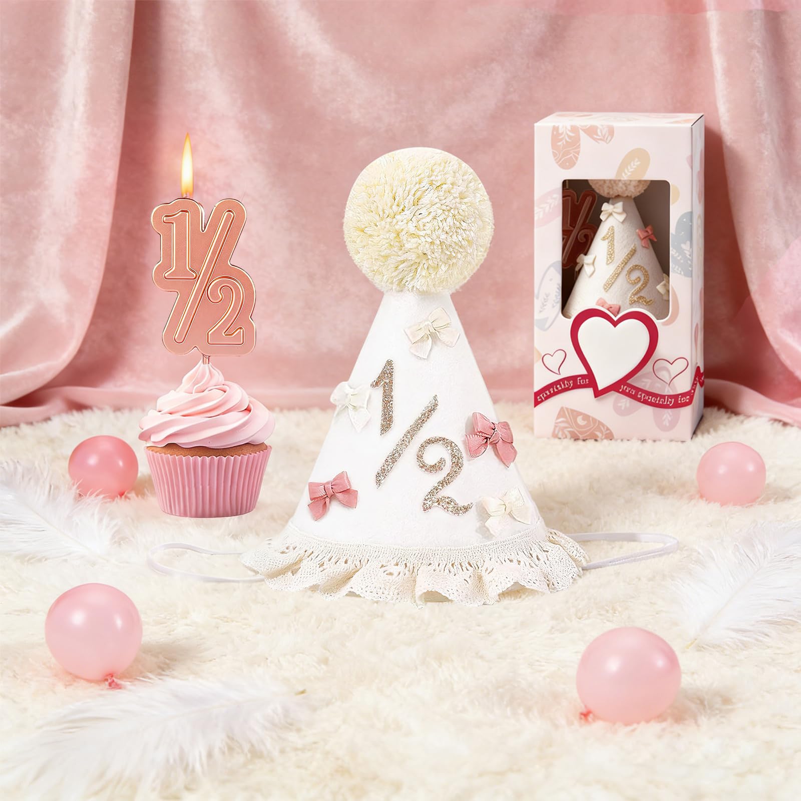 Yalucky Half Birthday Hat Set for Baby Girls – 6 Month Milestone Party Hat with Cake Topper, Felt, 5.5 Inch