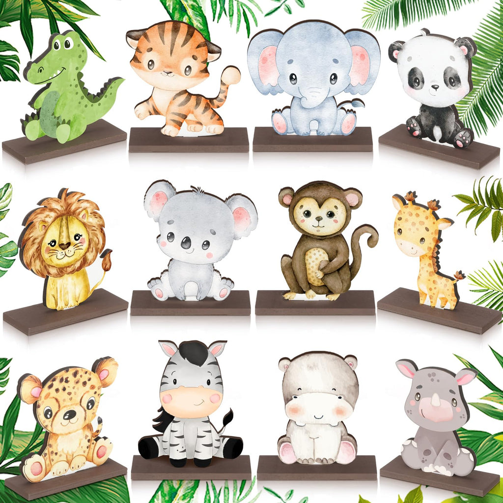 Yaomiao 12-Piece Wooden Safari Animal Table Centerpieces – Jungle Theme Cutouts for Baby Showers & Birthday Parties