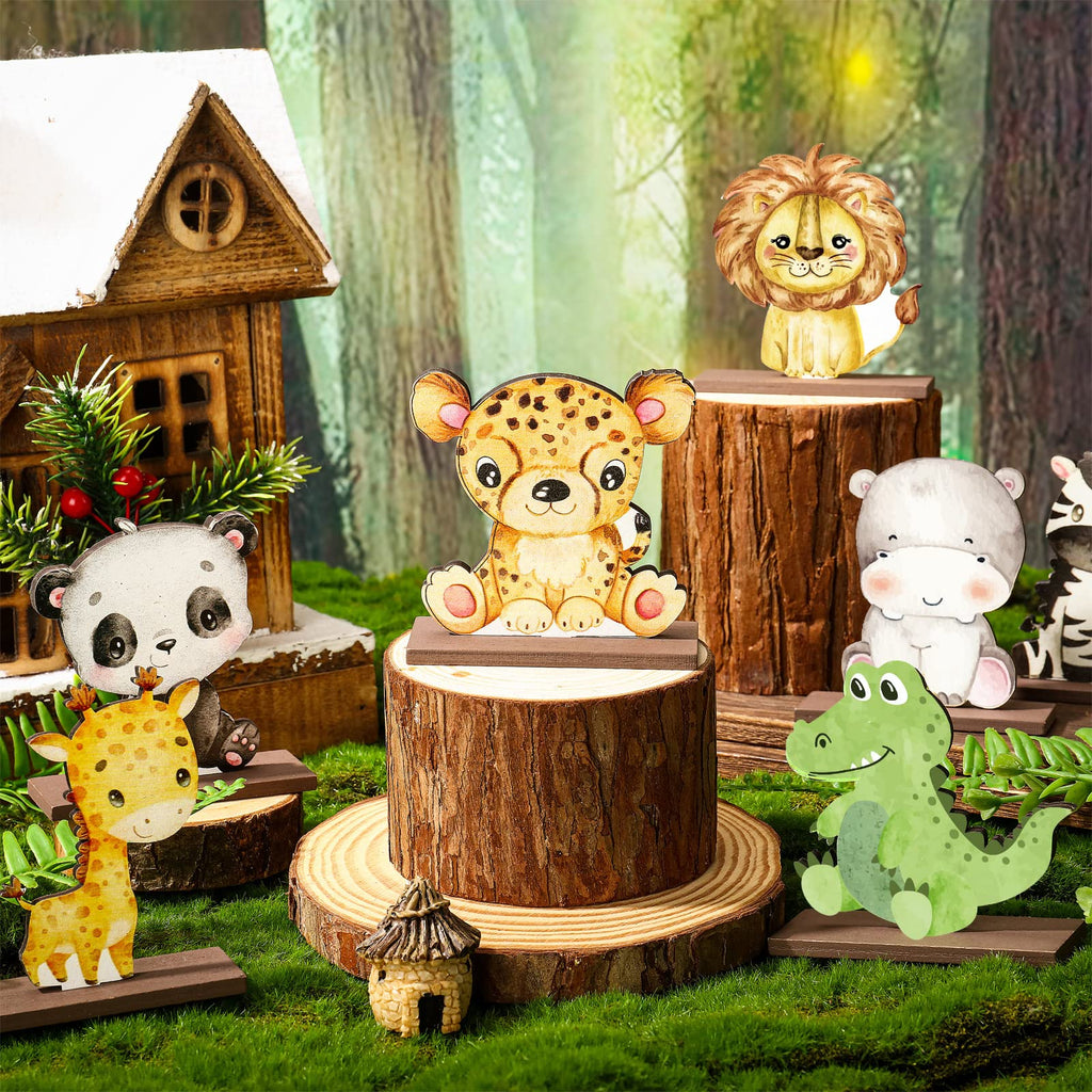 Yaomiao 12-Piece Wooden Safari Animal Table Centerpieces – Jungle Theme Cutouts for Baby Showers & Birthday Parties