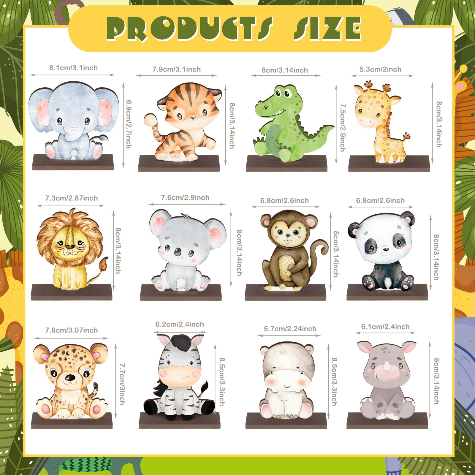 Yaomiao 12-Piece Wooden Safari Animal Table Centerpieces – Jungle Theme Cutouts for Baby Showers & Birthday Parties