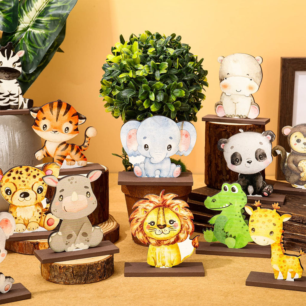 Yaomiao 12-Piece Wooden Safari Animal Table Centerpieces – Jungle Theme Cutouts for Baby Showers & Birthday Parties