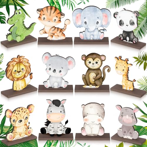 Yaomiao 12-Piece Wooden Safari Animal Table Centerpieces – Jungle Theme Cutouts for Baby Showers & Birthday Parties