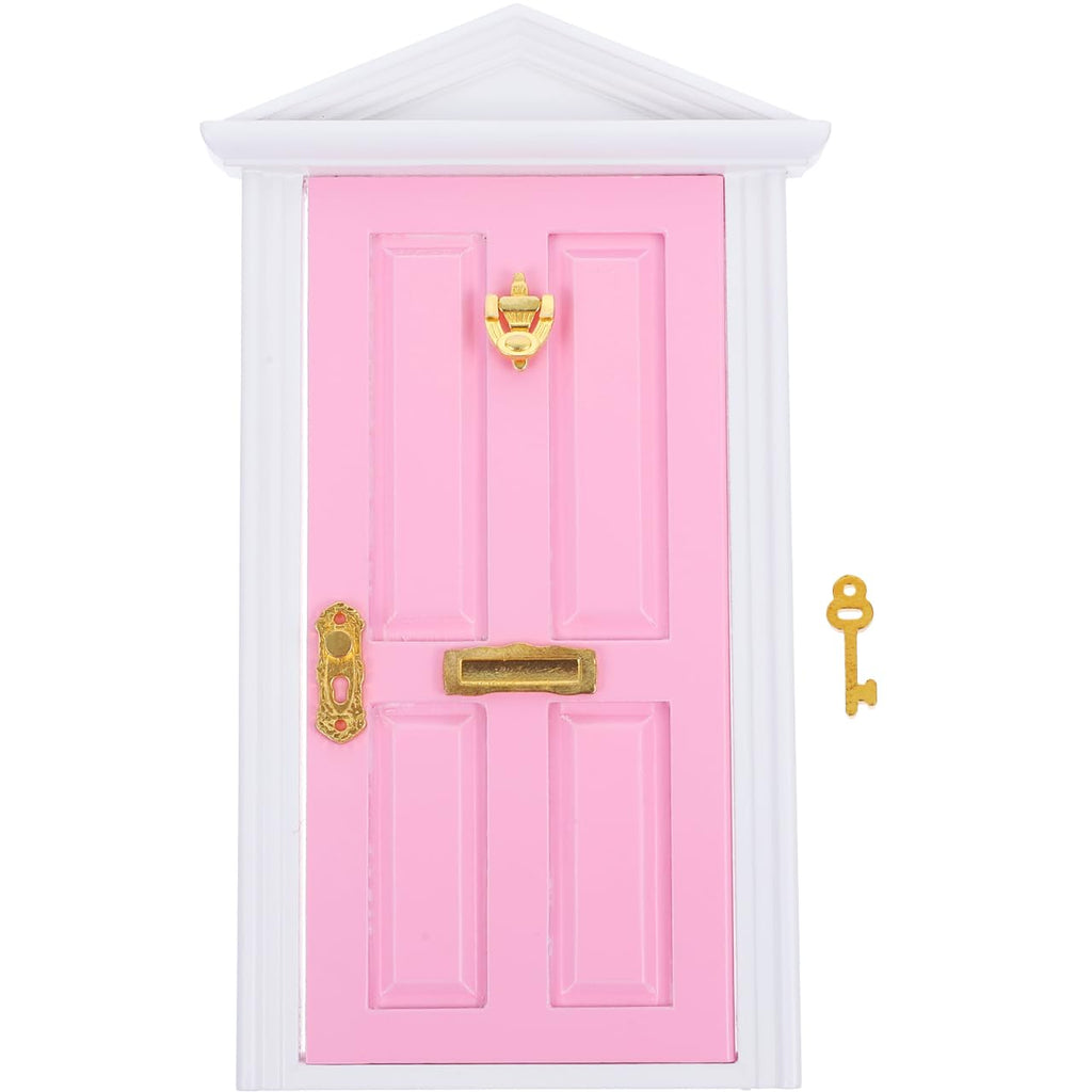 Yardwe Mini Wooden Fairy Door – Pink Hand-Painted 1:12 Scale Dollhouse Accessory with Key