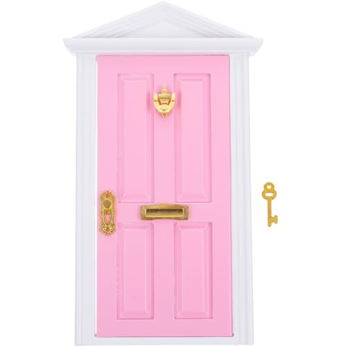 Yardwe Mini Wooden Fairy Door – Pink Hand-Painted 1:12 Scale Dollhouse Accessory with Key