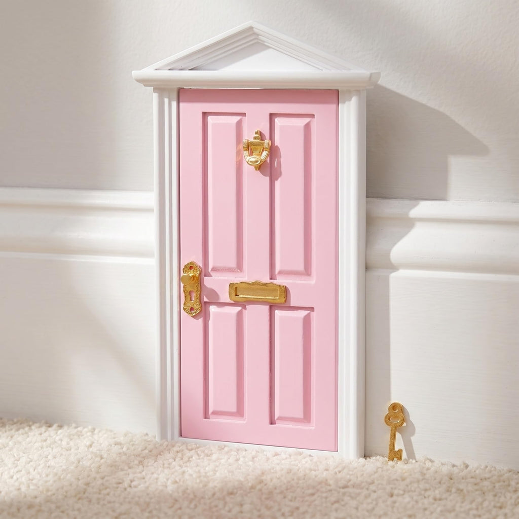 Yardwe Mini Wooden Fairy Door – Pink Hand-Painted 1:12 Scale Dollhouse Accessory with Key