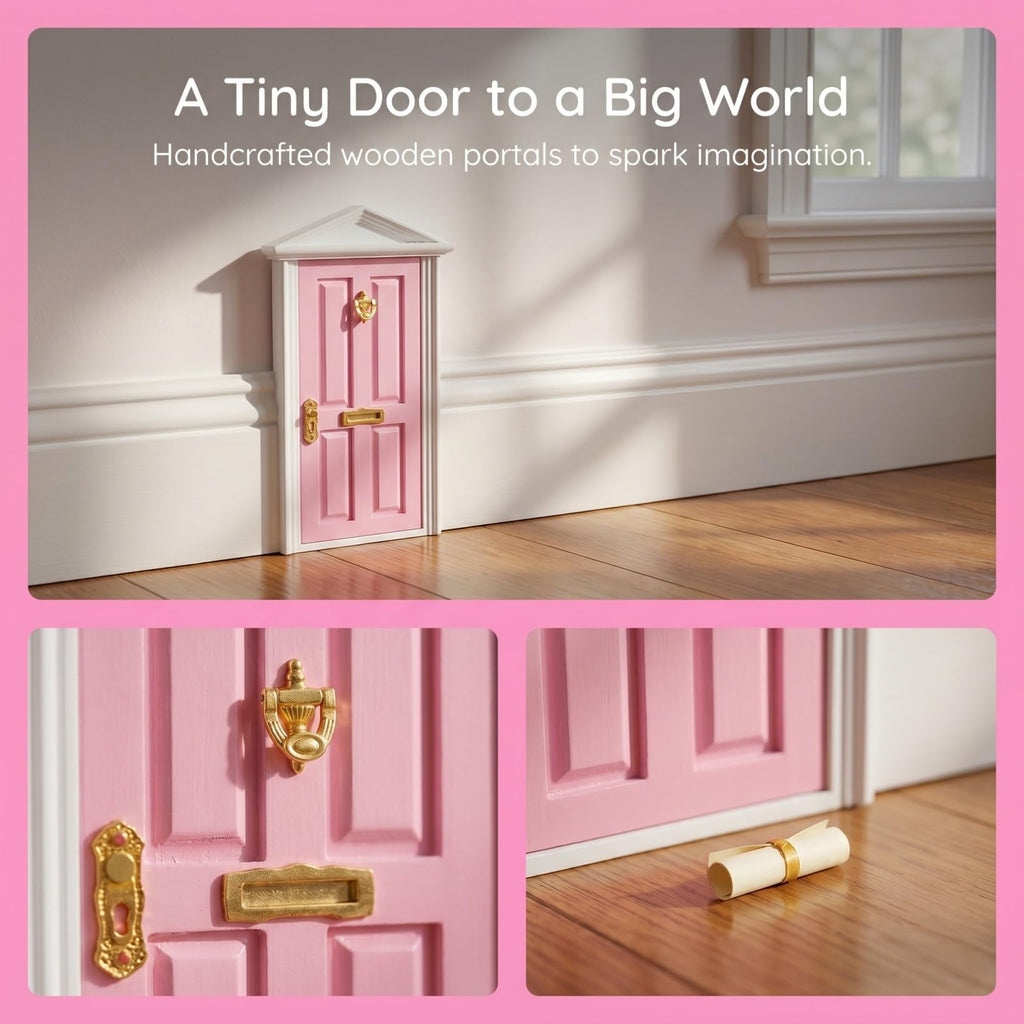 Yardwe Mini Wooden Fairy Door – Pink Hand-Painted 1:12 Scale Dollhouse Accessory with Key
