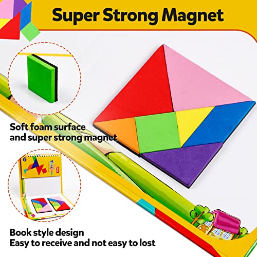 YATAOME Travel Tangram Puzzle Book – Magnetic Pattern Blocks with 240 Challenges for Kids Ages 4-8, Portable Road Trip Game