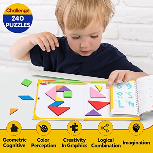 YATAOME Travel Tangram Puzzle Book – Magnetic Pattern Blocks with 240 Challenges for Kids Ages 4-8, Portable Road Trip Game