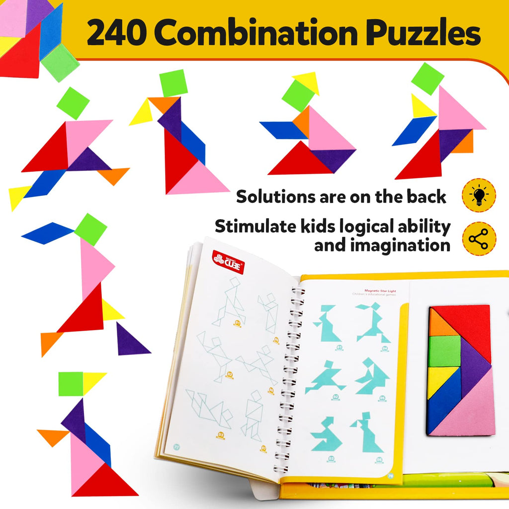 YATAOME Travel Tangram Puzzle Book – Magnetic Pattern Blocks with 240 Challenges for Kids Ages 4-8, Portable Road Trip Game