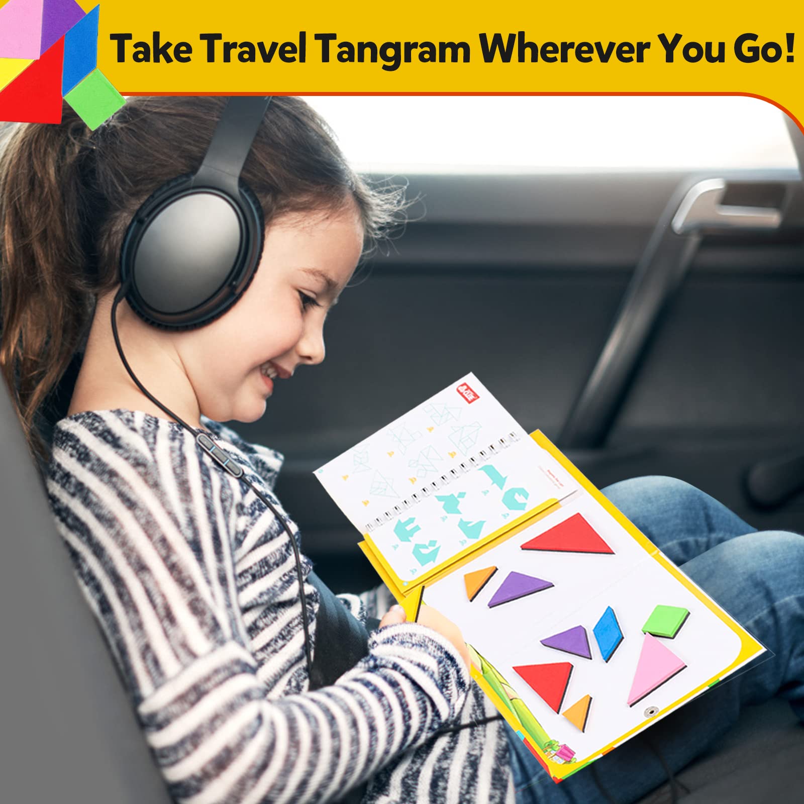 YATAOME Travel Tangram Puzzle Book – Magnetic Pattern Blocks with 240 Challenges for Kids Ages 4-8, Portable Road Trip Game