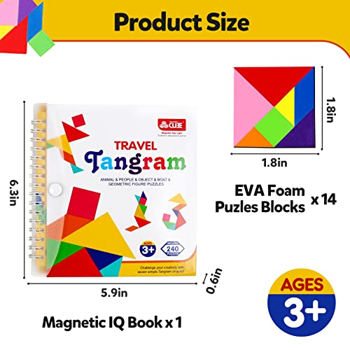 YATAOME Travel Tangram Puzzle Book – Magnetic Pattern Blocks with 240 Challenges for Kids Ages 4-8, Portable Road Trip Game
