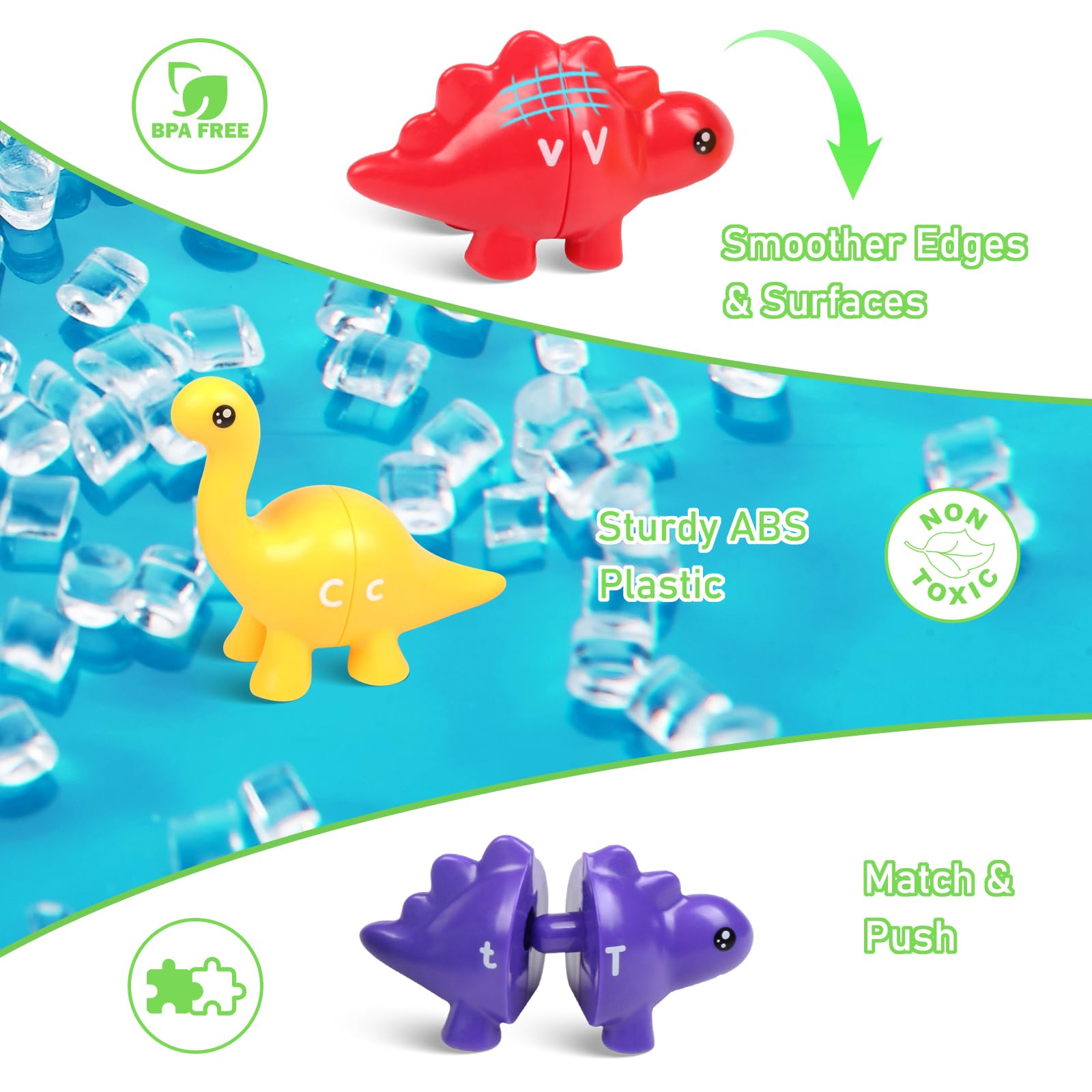 Yeahbof Dinosaur Letters Matching Game – 26 ABC Alphabet Double-Sided Uppercase & Lowercase, Montessori Fine Motor Toy for Toddlers 1-5 Years