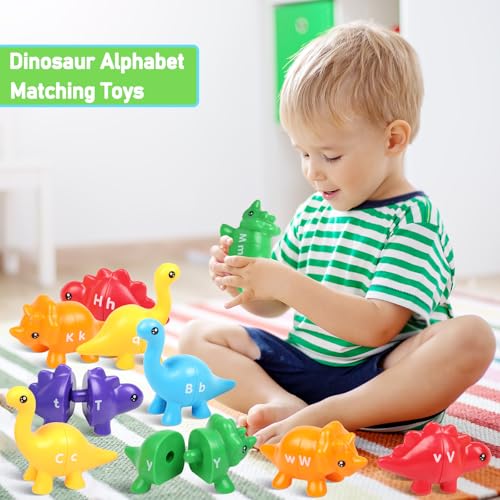 Yeahbof Dinosaur Letters Matching Game – 26 ABC Alphabet Double-Sided Uppercase & Lowercase, Montessori Fine Motor Toy for Toddlers 1-5 Years