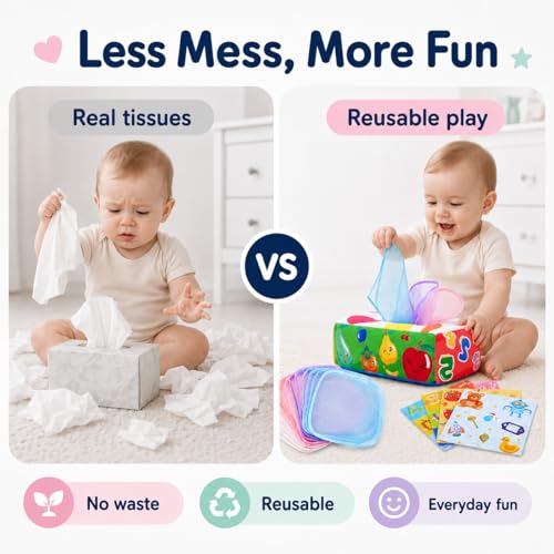 Yeeeasy Baby Tissue Box Toy - Montessori Sensory Toy for Infants 0-9 Months with Crinkle Textures and Letters