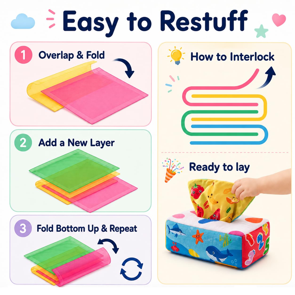 Yeeeasy Baby Tissue Box Toy - Montessori Sensory Toy for Infants 0-9 Months with Crinkle Textures and Letters