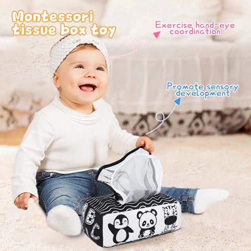 Yeeeasy High Contrast Baby Tissue Box Toy for Newborns – Black and White Montessori Sensory Toy with Indestructible Tissues