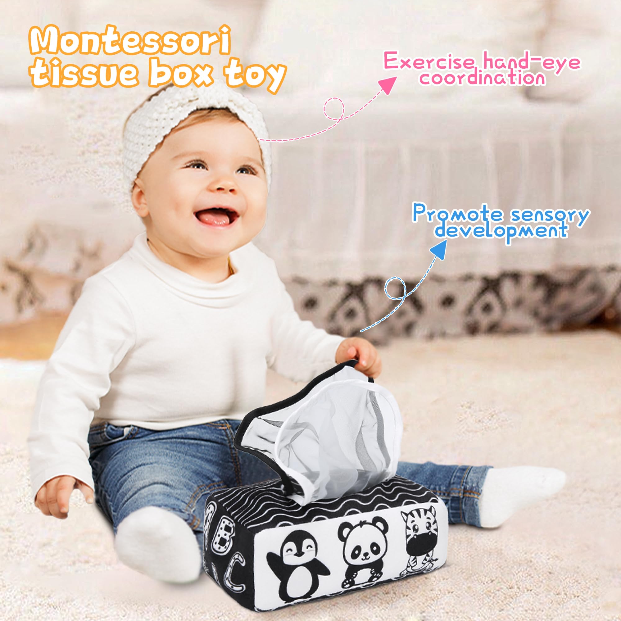 Yeeeasy High Contrast Baby Tissue Box Toy for Newborns – Black and White Montessori Sensory Toy with Indestructible Tissues