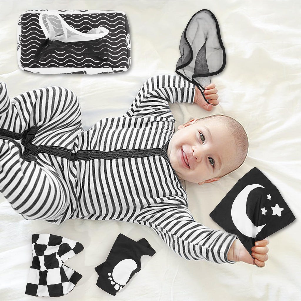 Yeeeasy High Contrast Baby Tissue Box Toy for Newborns – Black and White Montessori Sensory Toy with Indestructible Tissues