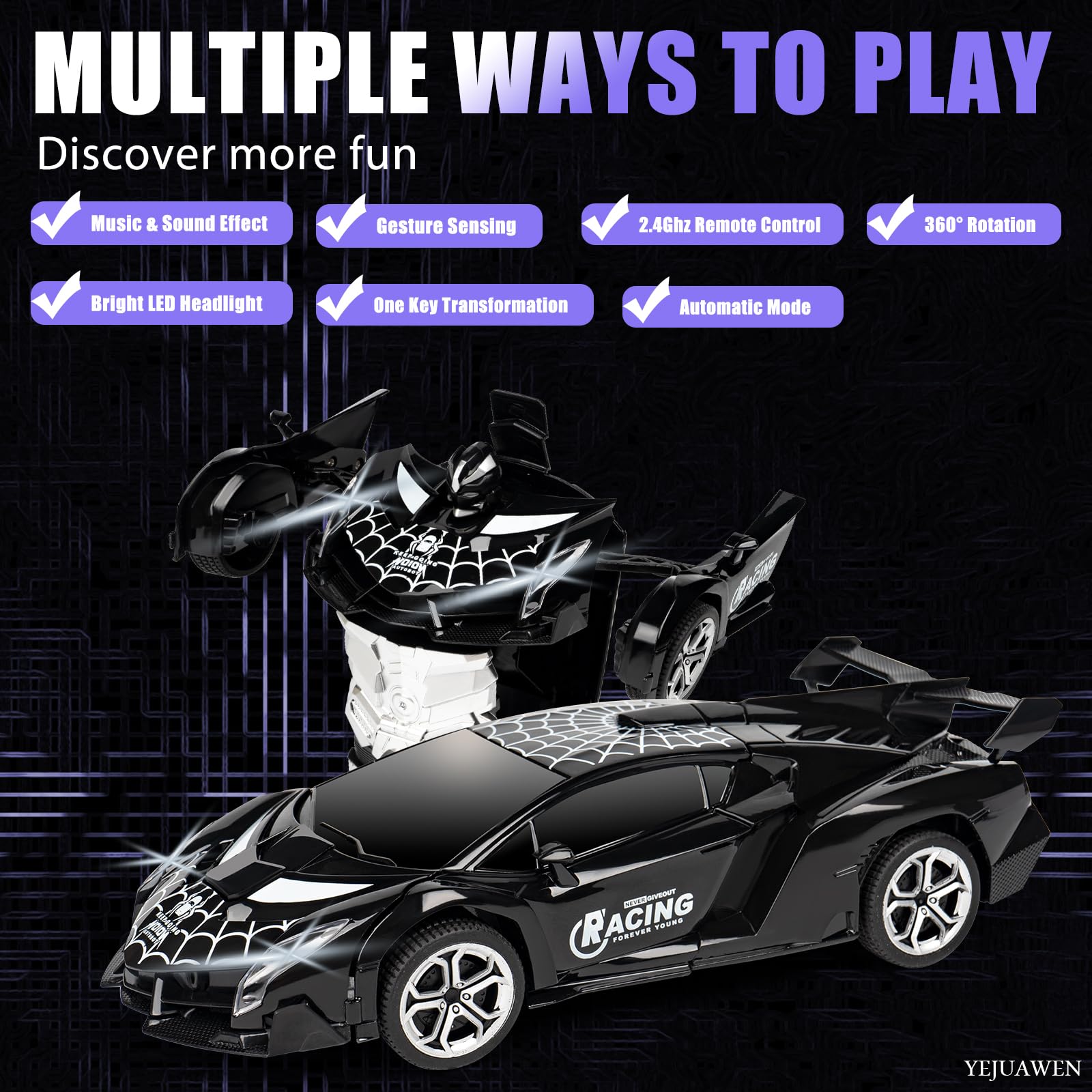YEJUAWEN EN02 2.4GHz Gesture Control Transforming RC Car – Spider Robot & Race Car, 360° Rotation, Glow-in-the-Dark, for Kids 3-12