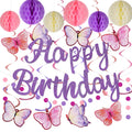 YEOCU Purple Birthday Decorations - Pre-Strung Banner, Honeycomb Balls, Hanging Swirls, Circle Dots Garland, No DIY Party Kit for Women, Girls, and All Ages