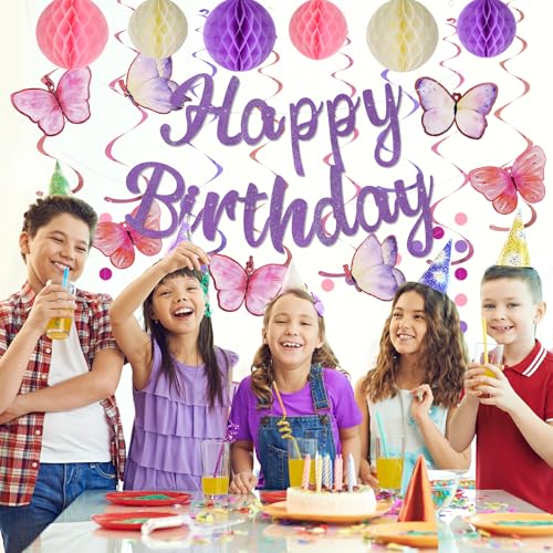 YEOCU Purple Birthday Decorations - Pre-Strung Banner, Honeycomb Balls, Hanging Swirls, Circle Dots Garland, No DIY Party Kit for Women, Girls, and All Ages