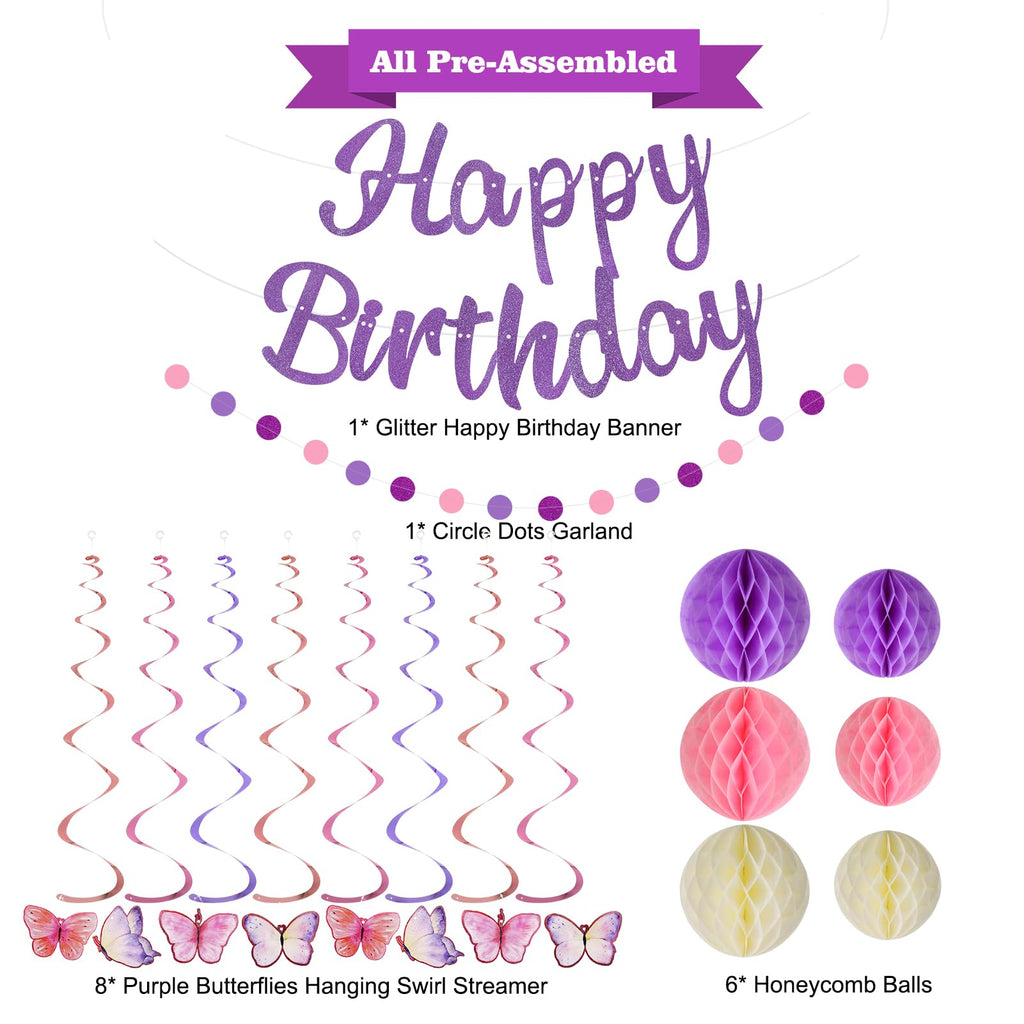 YEOCU Purple Birthday Decorations - Pre-Strung Banner, Honeycomb Balls, Hanging Swirls, Circle Dots Garland, No DIY Party Kit for Women, Girls, and All Ages