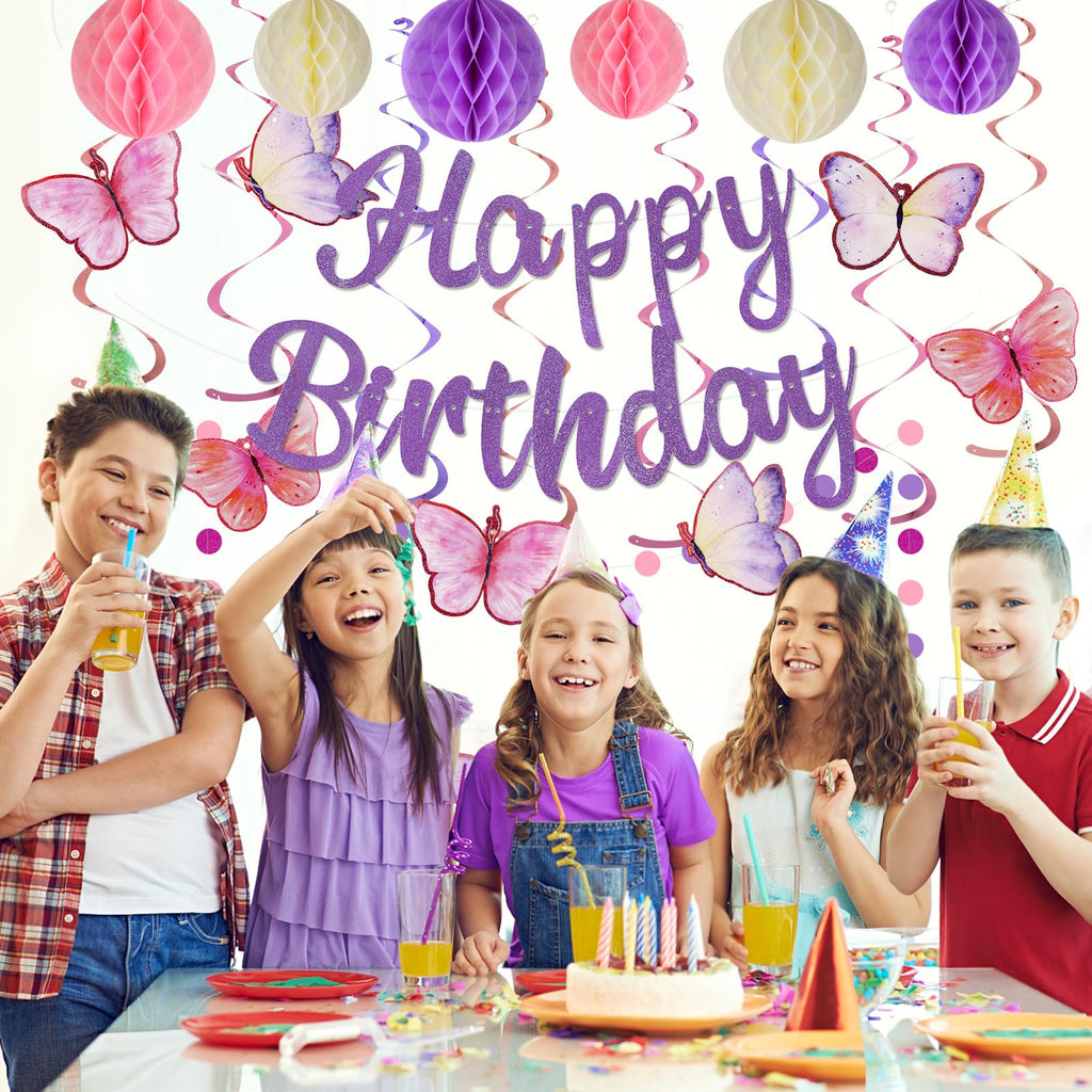 YEOCU Purple Birthday Decorations - Pre-Strung Banner, Honeycomb Balls, Hanging Swirls, Circle Dots Garland, No DIY Party Kit for Women, Girls, and All Ages