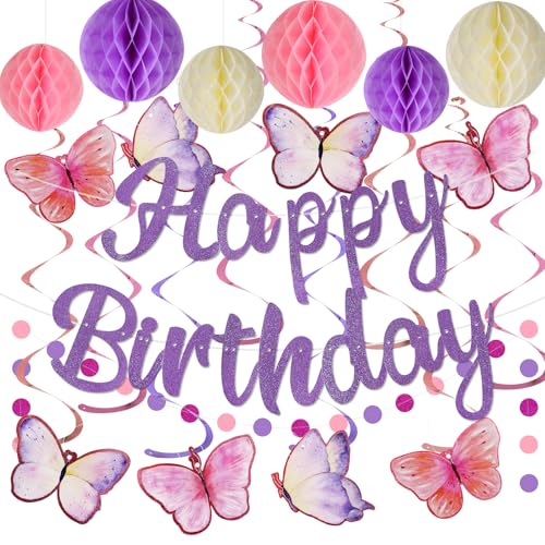 YEOCU Purple Birthday Decorations - Pre-Strung Banner, Honeycomb Balls, Hanging Swirls, Circle Dots Garland, No DIY Party Kit for Women, Girls, and All Ages