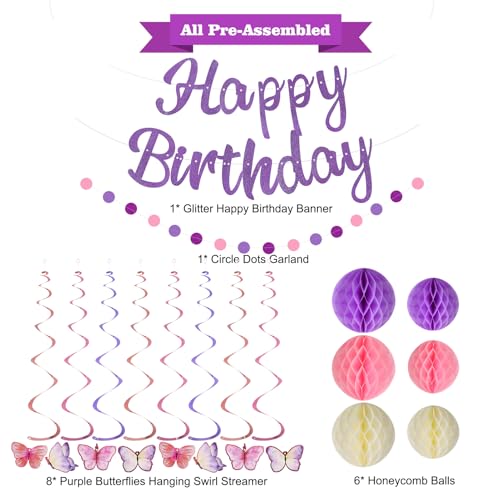 YEOCU Purple Birthday Decorations - Pre-Strung Banner, Honeycomb Balls, Hanging Swirls, Circle Dots Garland, No DIY Party Kit for Women, Girls, and All Ages