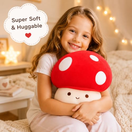 Yeqivo 10 Inch Mushroom Plush Pillow – Cute Red Mushroom Stuffed Animal, Soft Plush Toy Gift for Kids