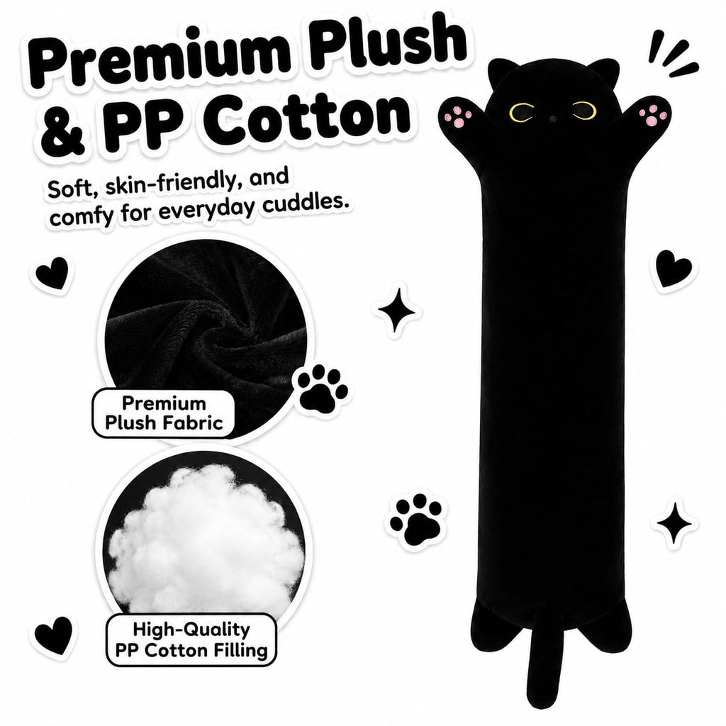 Yeqivo 19.6 Inch Black Cat Plush Body Pillow – Soft Long Stuffed Animal Toy, Kawaii Kitten Plushie for Kids and Adults