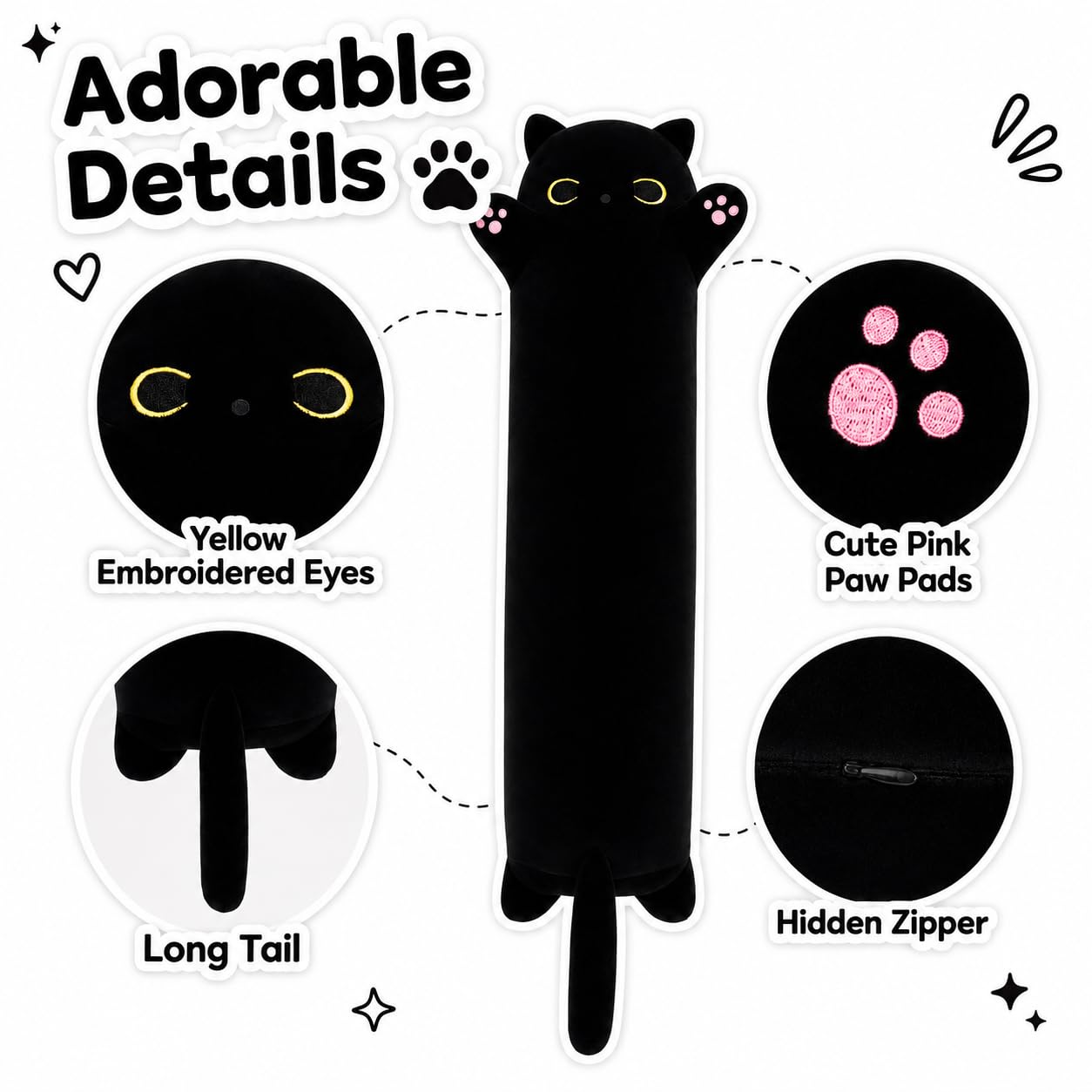 Yeqivo 19.6 Inch Black Cat Plush Body Pillow – Soft Long Stuffed Animal Toy, Kawaii Kitten Plushie for Kids and Adults