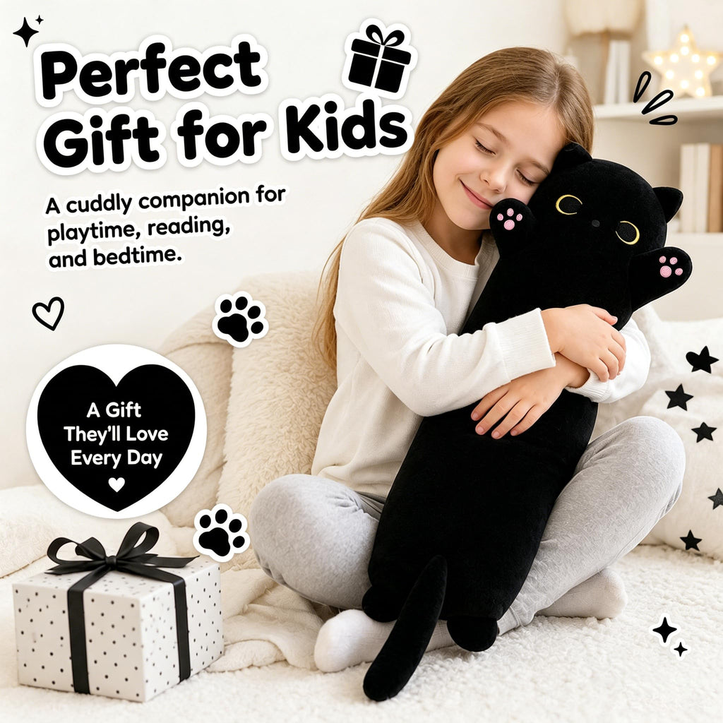 Yeqivo 19.6 Inch Black Cat Plush Body Pillow – Soft Long Stuffed Animal Toy, Kawaii Kitten Plushie for Kids and Adults