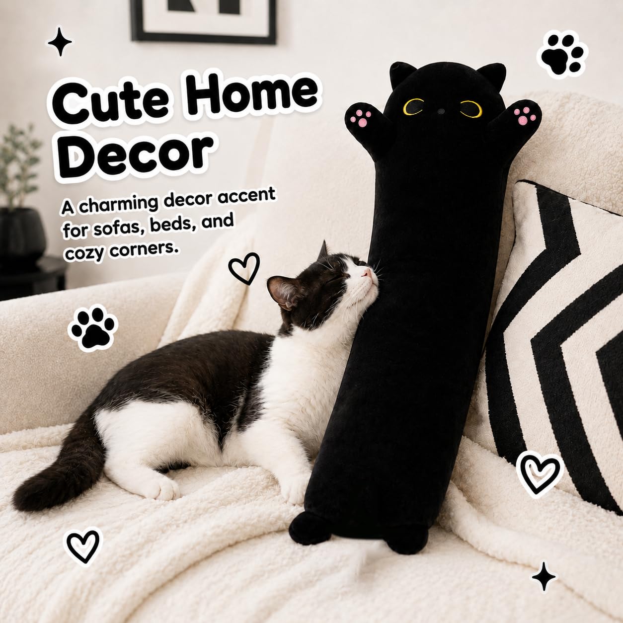 Yeqivo 19.6 Inch Black Cat Plush Body Pillow – Soft Long Stuffed Animal Toy, Kawaii Kitten Plushie for Kids and Adults