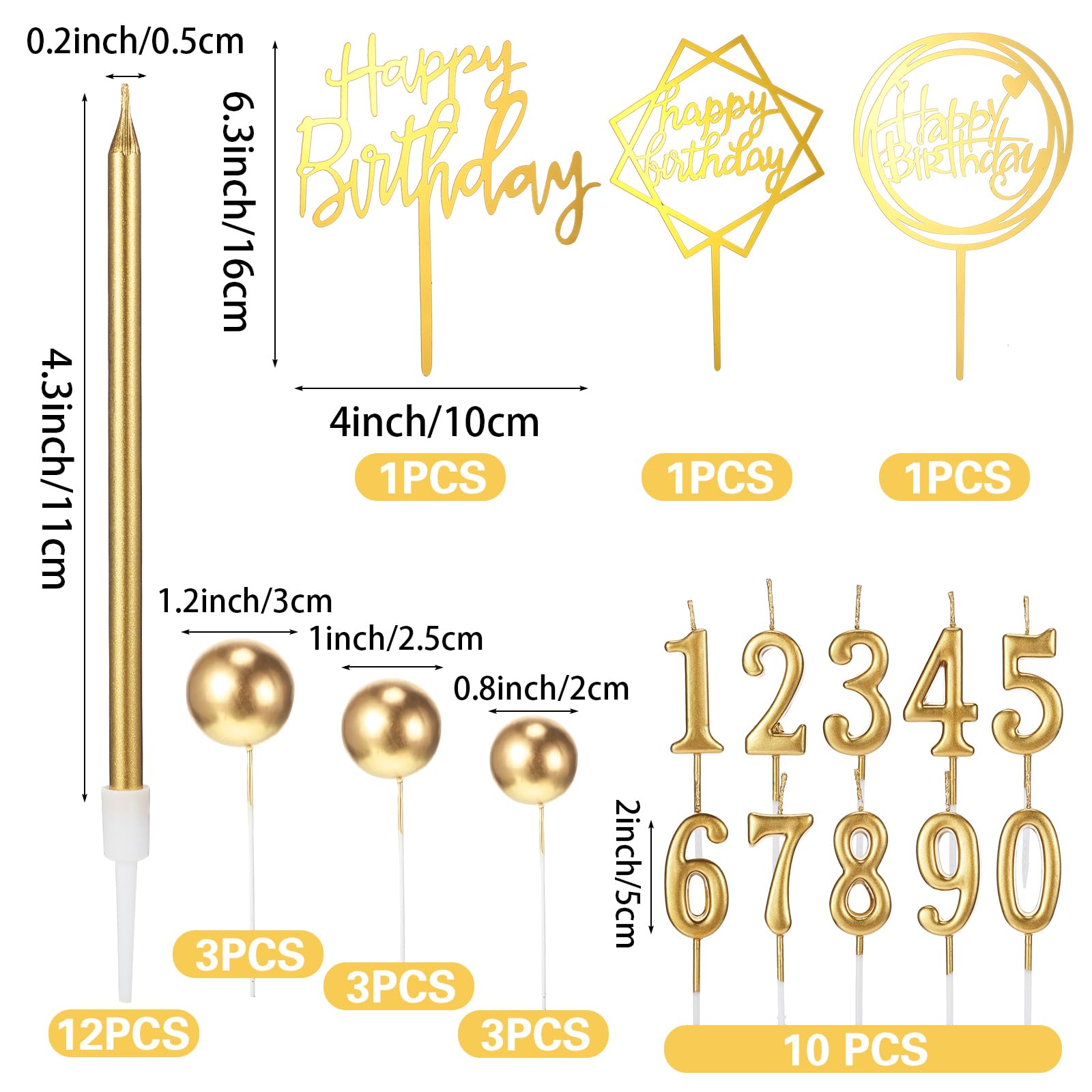 Yerliker 34-Piece Gold Happy Birthday Cake Topper Set with Candles and Decorations