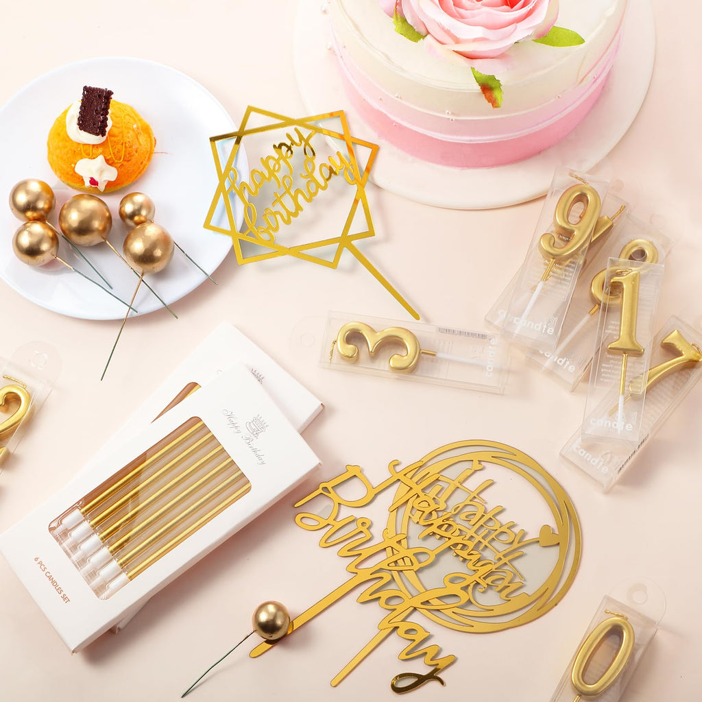 Yerliker 34-Piece Gold Happy Birthday Cake Topper Set with Candles and Decorations